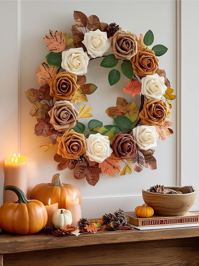InnoGear Artificial Flowers, 50 Pcs Shades of Earth Tones Foam Fake Roses Bulk with Stems for Autumn Fall Decoration DIY Wedding Bouquets Centerpieces Bridal Shower Party Christmas Tree
