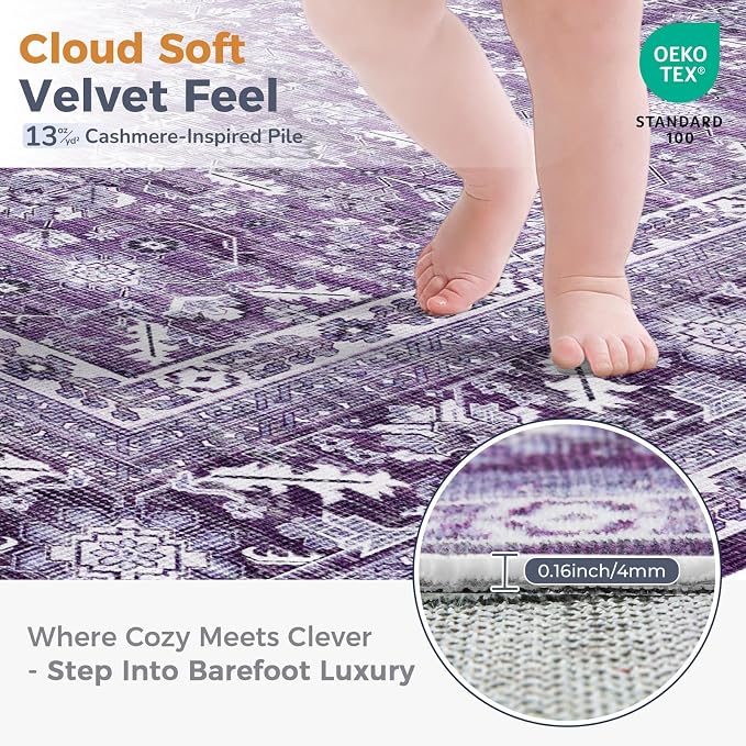 OPPODREAM Vintage Purple Round Rug 3ft, 3 ft Retro Washable Circle Rug Non Slip, Low-Pile Faux Wool Circular Carpet, Distressed Floor Mat for Living Room, Bedroom, Office, Dorm, Dinning Room