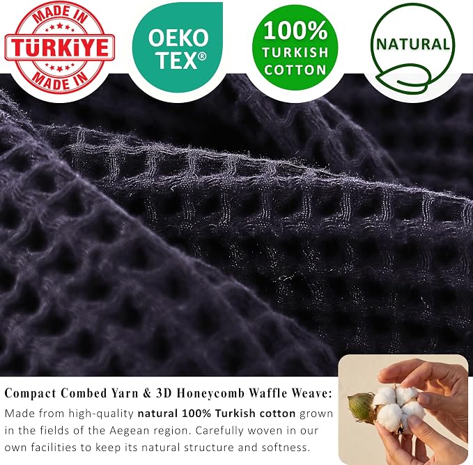 PÜSKÜL Natural 100% Turkish Cotton Waffle Kitchen Towels Set of 3 | Oeko-Tex, Premium Waffle Hand Towels for Bathroom | Soft Absorbent Quick-Dry Lint-Free Dish Towel Large 32x16 inch (3, Black)