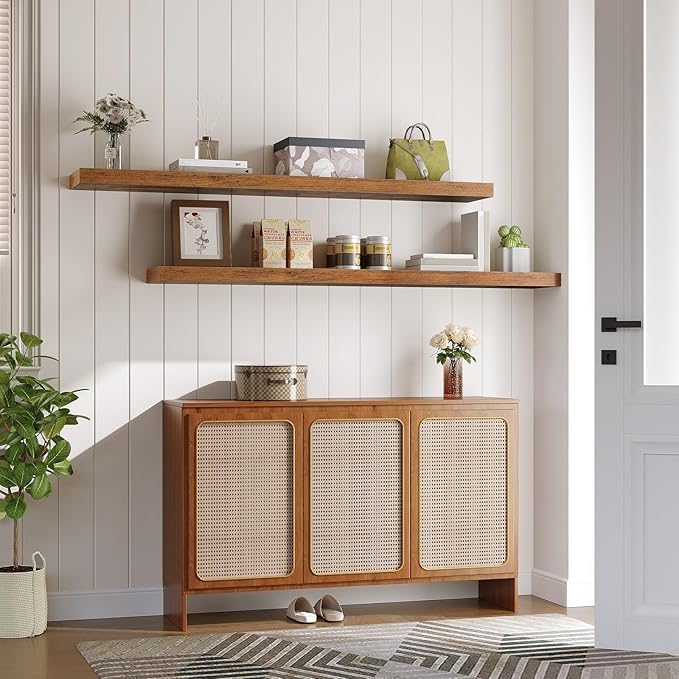 HOOBRO Floating Shelves for Wall, Wall Mounted Shelf Set of 2, 55" Hanging Shelf with Invisible Brackets, for Wall Storage in Bathroom Bedroom Kitchen Living Room Office, Rustic Brown BF140BJP201