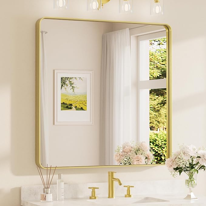 TETOTE 36 x 36 Inch Gold Mirror for Bathroom, Brushed Brass Wall Mirrors Metal Frame Square Modern Shatterproof Decorative Vanity Mirror for Living Room Entryway