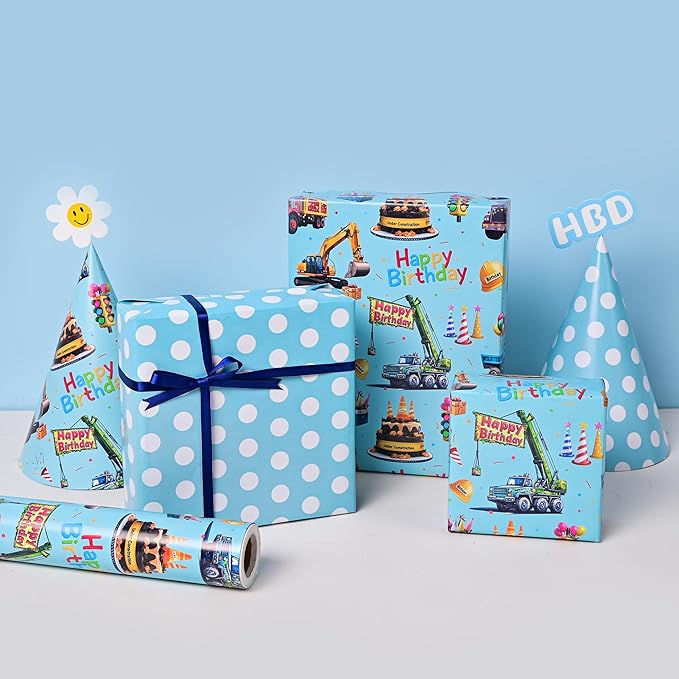 Altarho Reversible Construction Wrapping Paper Roll for Kids Boys - Blue Happy Birthday and Polka Dot Design Gift Wrap Sheets Supply for Baby Shower Party Decoration Total 28.5sq.ft
