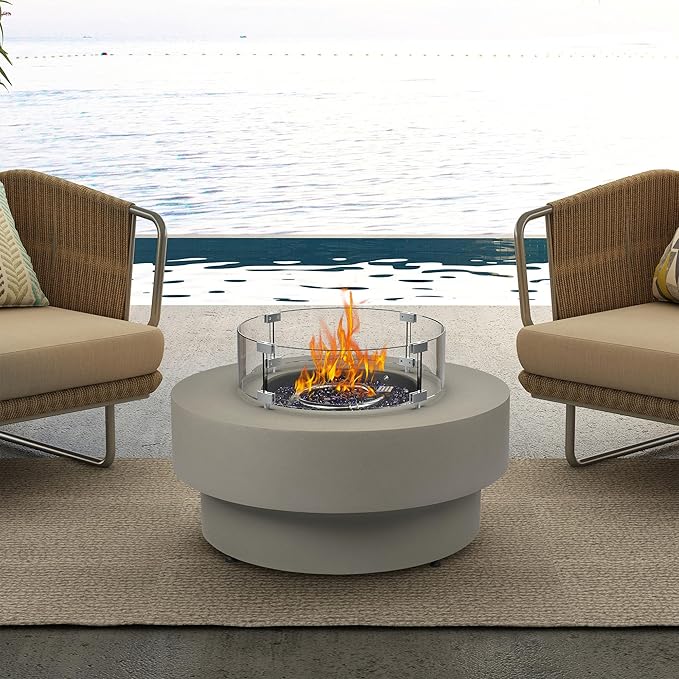 Propane Outdoor Fire Pit Table with Wind Glass Shield, Flint & Concrete Look 32.5-inch Round Patio Gas Fire Table 50,000 BTU w/Lid, Fire Glass, Cover, Pre-Attached 10ft Propane Hose