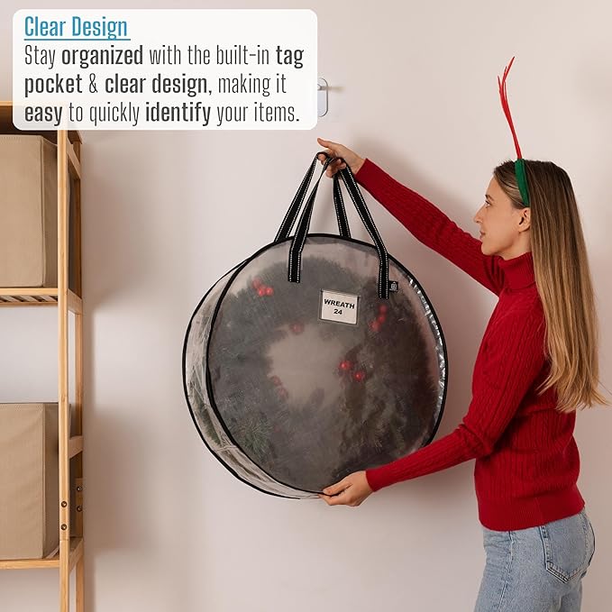 VENO 2 Pack Christmas Wreath Storage Container - 24 Inch Clear Wreath Bag, Christmas Garland and Holiday Decoration Organizers with Zipper and Durable Handles (Clear, 24"-2 Pack)