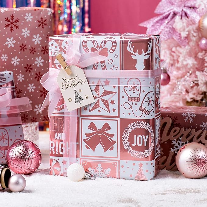 MAYPLUSS Christmas Wrapping Paper Roll, 17 Inch X 16.5 Feet Gift Wrapping Paper Featuring Gold Rose Deer Cane Candy Bell Gloves Reversible Snowflake, Thick Wrap Paper for Holiday Party New Year Kids