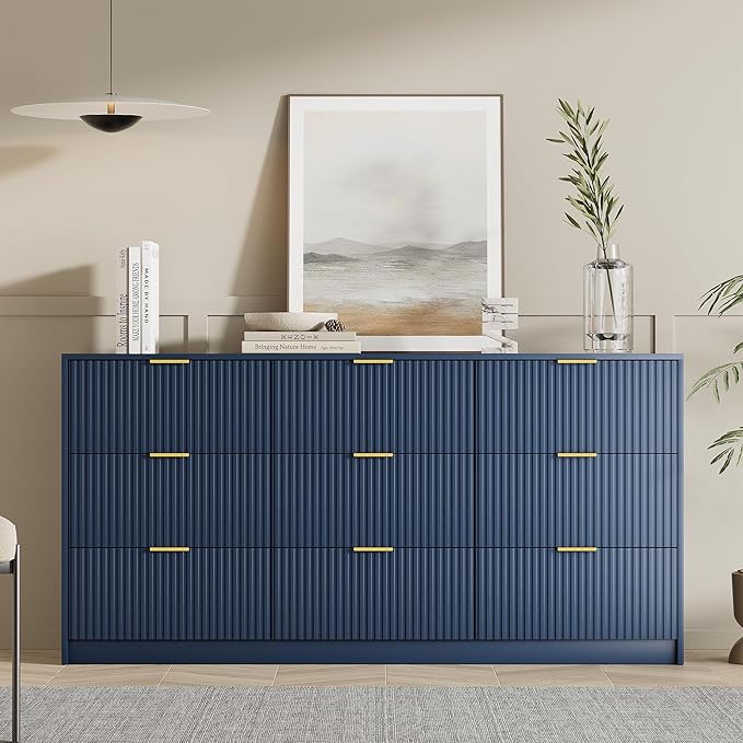 Blue Dresser for Bedroom, Modern Dresser with 9 Drawers and Smooth Slides, Wide Chest of Drawers with Golden Handles for Bedroom, Living Room, Closet, 15.7" D x 63" W x 31.5" H