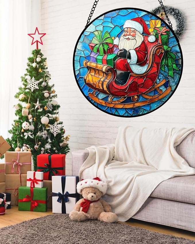 Stained Glass Window Hanging - Red Santa Claus Gift Box Suncatcher for Doors Home Christmas Decoration Winter Sun Catcher Thanksgiving New Year Birthday Gift for Women Men Mom Nana 9.8 in