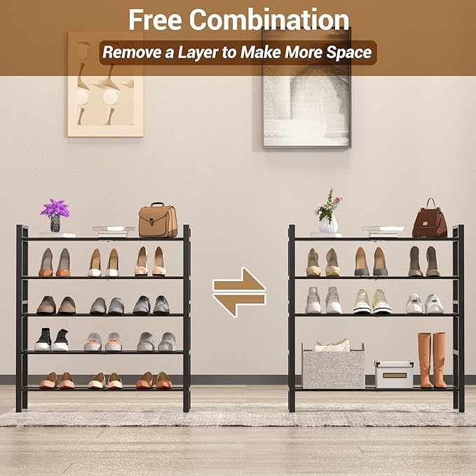 Haddockway Bamboo Shoe Rack for Closet, Free Standing Shoe Organizer with Smooth Round Rods & Convenient Handles, Stackable Shoe Storage Shelf for Entryway, Hallway(Black, 5-Tier)