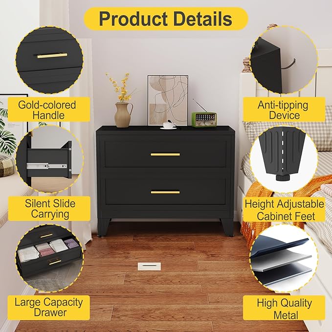 24.8" Tall Metal Dresser for Bedroom, 2 Drawer Nightstand, Side Table, Under Desk Steel Storage Drawer Cabinet, File Drawer for Home Office,Living Room, Entryway, Hallway