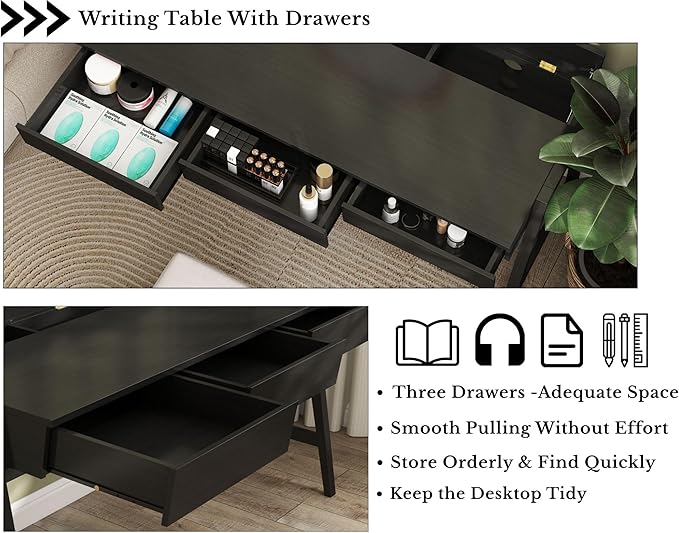 HNY 59 Inches Black Wooden Writing Desk with 3 Drawers, Computer Study Table with MDF Top, Solid Rubberwood Legs and Hidden Cable Management Holes, Corner Makeup Vanity Desk for Home Office, Bedroom