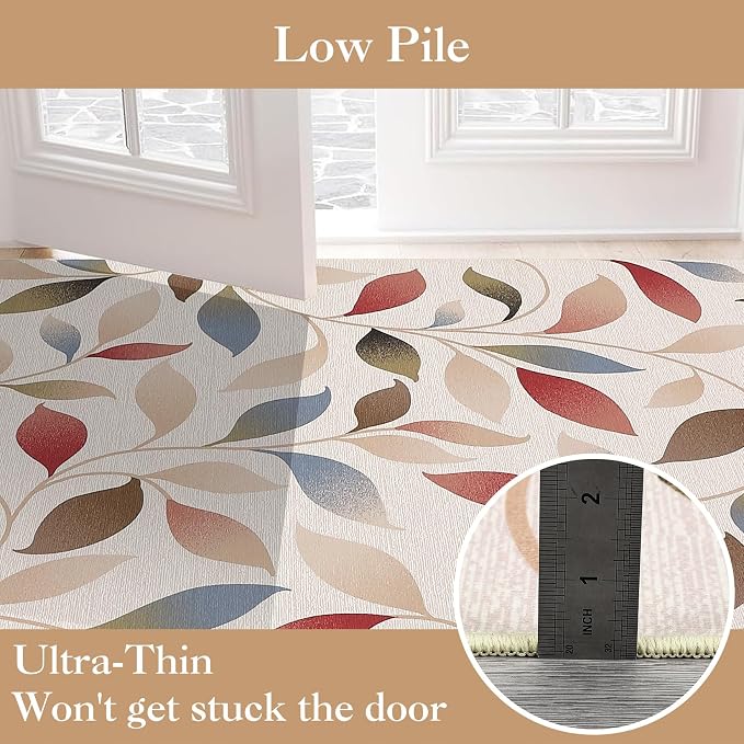 9x12 Area Rug Washable Boho Vintage Rug for Living Room Low Pile Soft Bedroom Rugs Non Slip Boho Indoor Large Carpet Thin Foldable Distressed Leaves Carpet for Nursery Dining Room Playroom, Beige Red