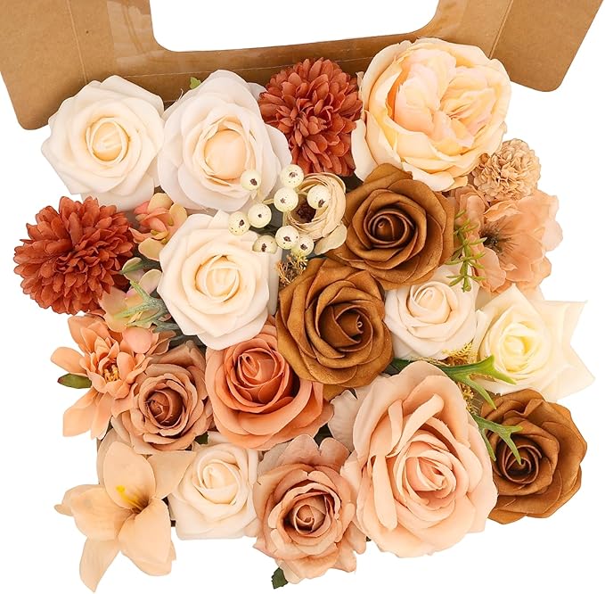 SwanMoon Artificial Flowers Combo Box Set, 30pcs Silk Champagne Roses & Peony with Stems for DIY Wedding Bouquets, Baby Shower, Party Centerpieces & Home Decor