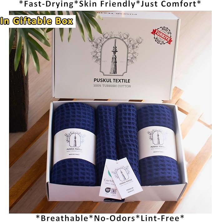 PÜSKÜL 4-Piece Natural 100% Turkish Cotton Luxury Waffle Towels for Bathroom | Premium Honeycomb Weave 2 Hand Towel & 2 Bath Towel Set | Soft Absorbent Quick-Dry Lightweight Towels (Navy Blue)
