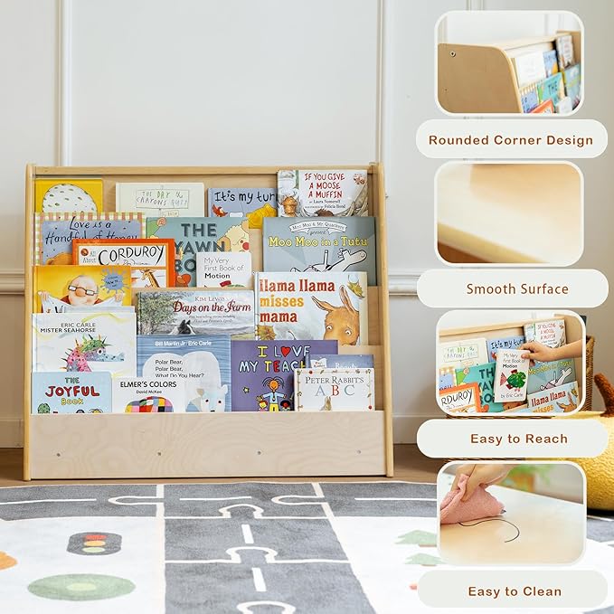 Wooden Kids Bookshelf, Montessori 4-Tier Toddler Bookcase, Birch Baby Single-Sided Book Shelf for Kids Rooms, Nursery, Bedrooms, Study Rooms