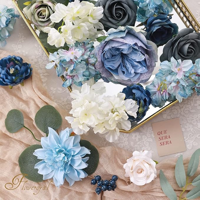 Floweroyal 2 Layers Artificial Flowers Combo Dusty Blue Flowers Mix Silk Flowers Dahlia Roses with Stems for Wedding Bridal Bouquets, Baby Shower, Floral Arrangement, Table Centerpieces