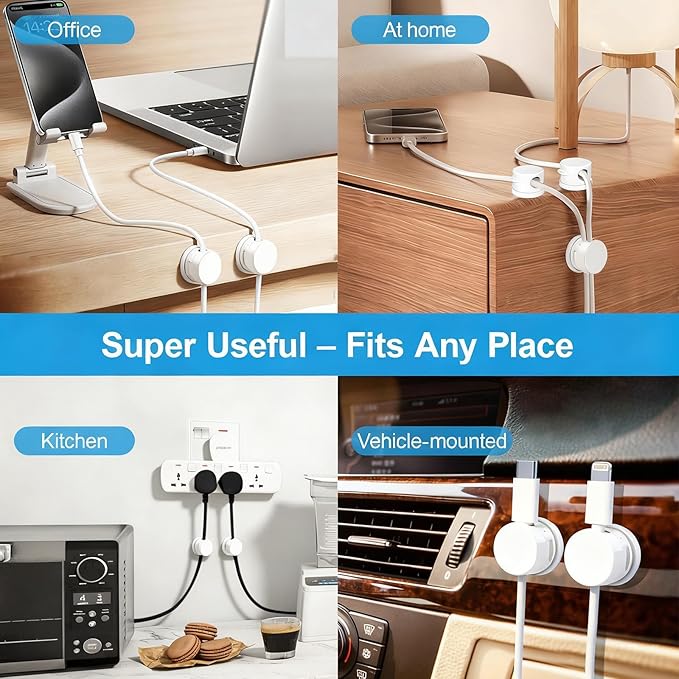 6pcs Magnetic Cable Clips, 360° Swiveling Adhesive Cable Organizer - Compact Cable Holder for Desk, Nightstand, Car, Kitchen & Home Office - Charger Cord Holder Solution by MarLigavid (White)