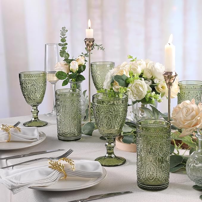 abrwyy Green Drinking Glasses Set of 4, Vintage Drinking Glasses, Colored Glassware Drinking, Highball Beverage Glasses Cup, Vintage Glassware Set for Water, Juice, Cocktail, Coffee