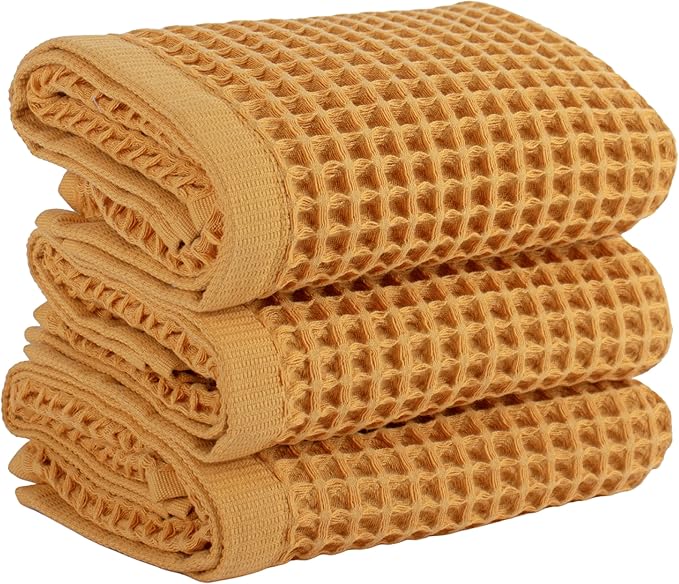 PÜSKÜL Natural 100% Turkish Cotton Waffle Kitchen Towels Set of 3 | Oeko-Tex, Premium Waffle Hand Towels for Bathroom | Soft Absorbent Quick-Dry Lint-Free Dish Towel Large 32x16 in (3, Mustrad Yellow)