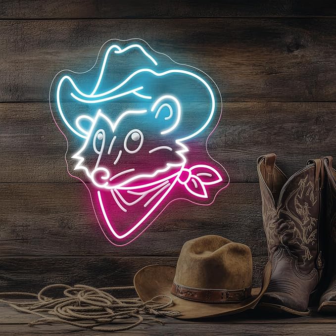 Opossum Cowboy Neon Sign, Western Rodeo decor Cowboy Mouse Neon Sign, Cowboy Bar Decor, Gaming Room Decor, Funny Western Opossum Sign, Light up Cute Animal Shape LED Lamp, Unique Home