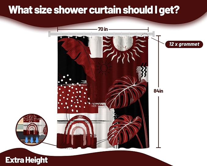 Black and Red Mid Century Modern Shower Curtain Bohemian Abstract Burgundy Shower Curtains for Bathroom Decor Sets, Waterproof Cloth Fabric with Hooks, 72x84 Inch