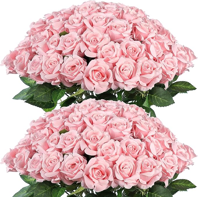 FOTEEWL 60 Pcs Artificial Rose Flower Realistic Faux Silk Roses Stem Fake Roses Bouquet for Flower Arrangement,Wedding Centerpieces,Party,Home Decorations (Pink)