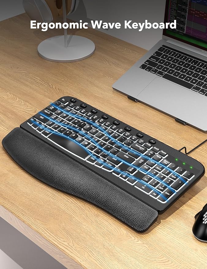 SABLUTE Ergonomic Keyboard, USB Wired with Cushioned Wrist & Palm Rest, 7-Color Backlit Adjustable Brightness for Windows, macOS, Desktop, Laptop & PC