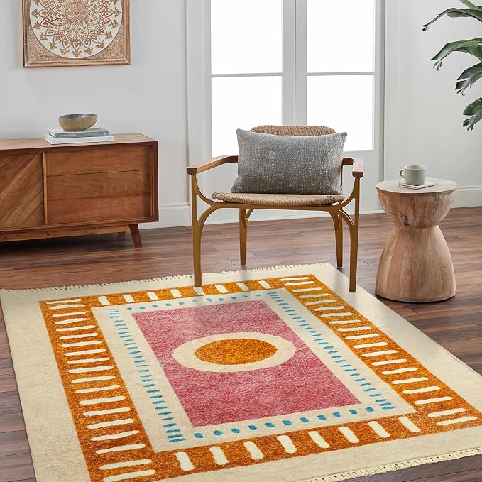 Lukinbox Boho Area Rugs for Bedroom, 4x6 Sun Washable Living Room Rug, Super Soft Non-Slip Colorful Circular Rainbow Rug for Kids Room Playroom Nursery Room Dinning Room