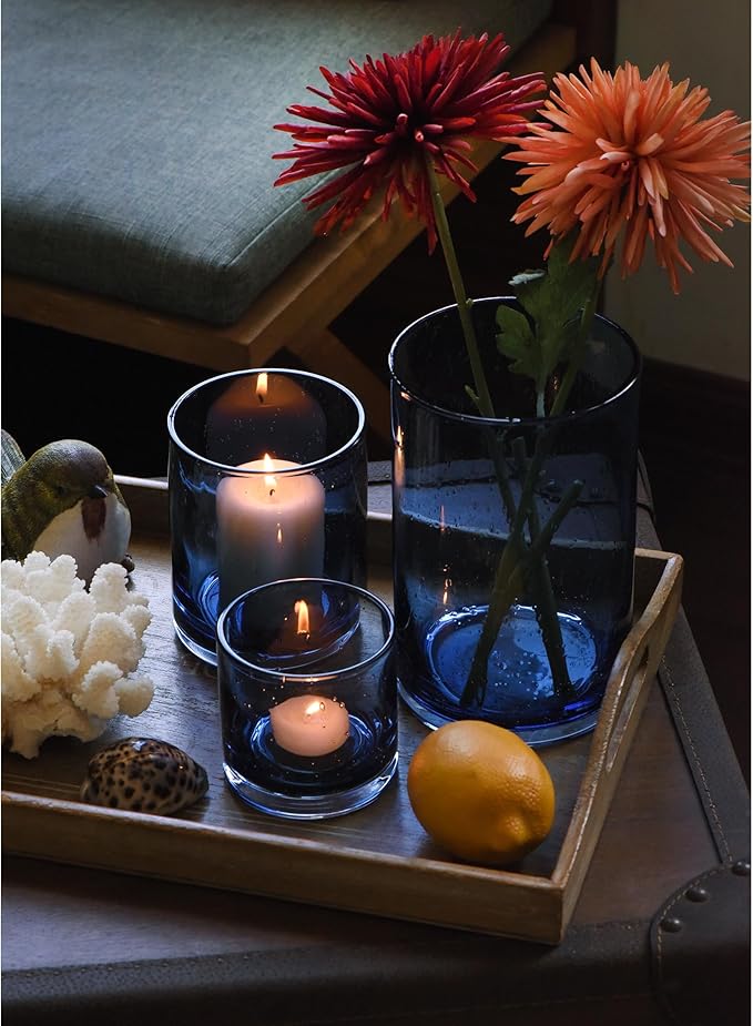 ARIAMOTION Blue Candle Holder for Pillar Tealights Modern Bubbles Glass Hurricane Cylinder Vases Table centerpieces Kitchen Island Dining Room Coffee Bar 8" 5" 3.5" Height Set 3