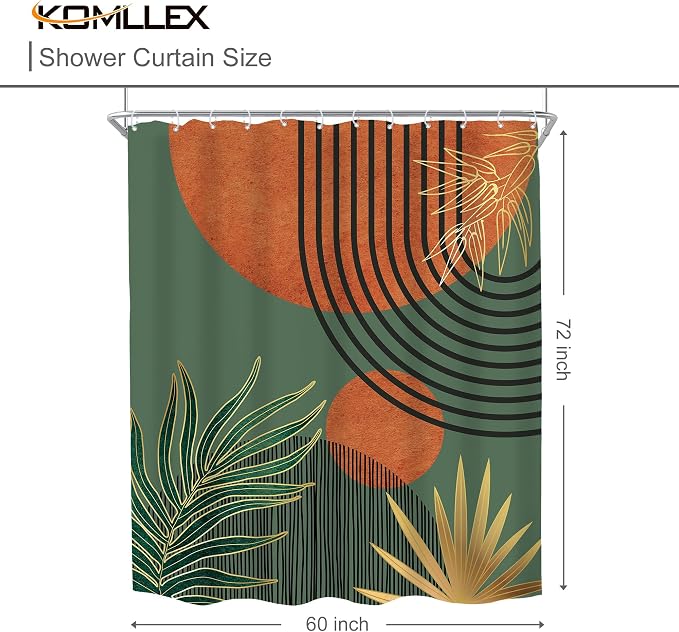 KOMLLEX Mid Century Green Orange Boho Shower Curtain for Bathroom Decor Abstract Modern Sun Minimalist Aesthetic Arch Curve Leaves Geometric Neutral Fabric Waterproof Polyester 12 Pack Hooks 60Wx72L