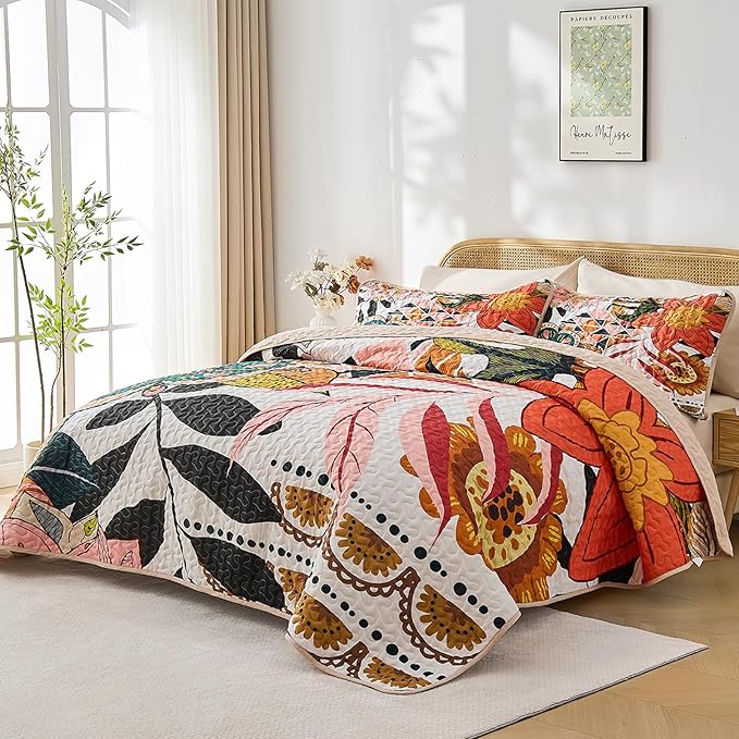 Quilt Set King Size, Boho Floral 3 Pcs Soft Bed Cover Bedding Set, Mid Century Flowers Lightweight Bedspread Coverlet with 2 Pillow Sham for All Season