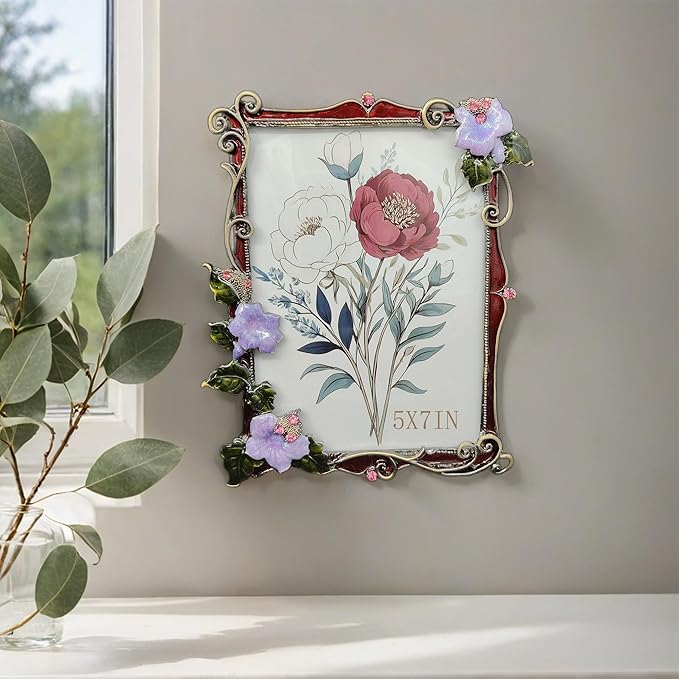 Vintage Floral Picture Frames Luxury Unique Ornate Antique Metal 5X7 Photo Frame of HD Glass for Tabletop/Wall Display Gifts for Women (Retro Purple Flowers with Red Edges)