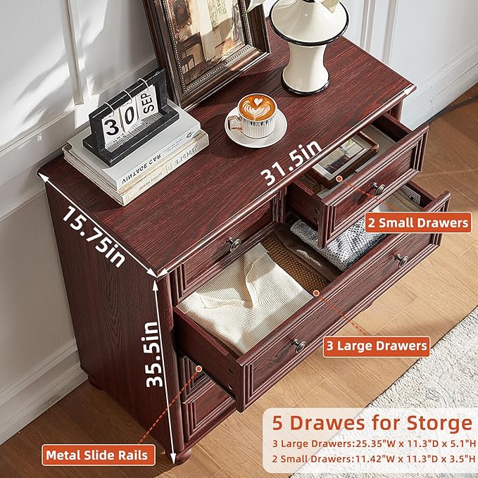 Farmhouse 5 Drawer Dresser for Bedroom, 35.5" Tall Small Dressers & Chest of Drawers, Rustic Wood Dresser with Roman Column, Storage Organizer for Living Room, Hallway, Closet (Red Oak)