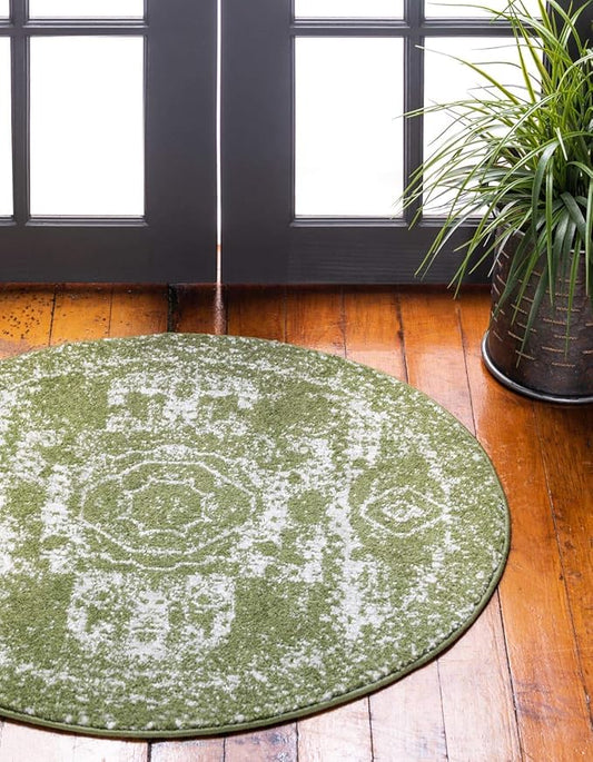 Unique Loom Bromley Collection Area Rug - Wells (3' Round, Green/ Ivory)