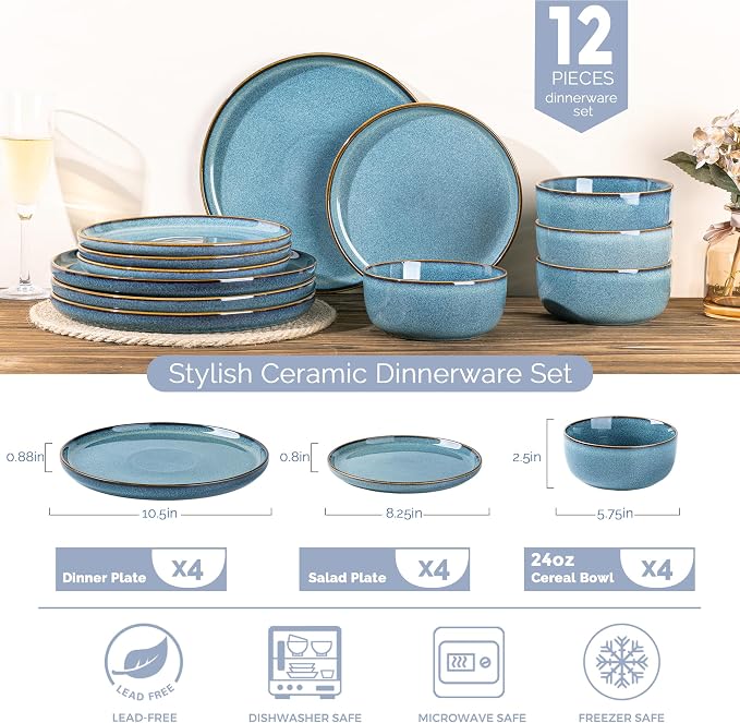 GBHOME Ceramic Dinnerware Sets for 4, 12 Pieces Stoneware Plates and Bowls Sets, Reactive Glaze Dishes -Scratch Resistant, Dishwasher&Microwave Safe, Space Blue