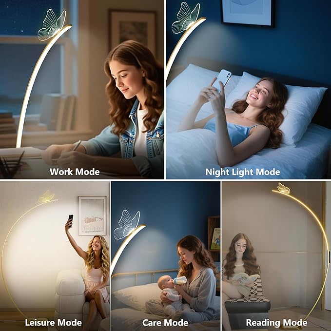 Modern Butterfly Arc Floor Lamp - Dimmable 2000 Lumens Arched Floor Lamp with Remote Control, 3 Color Modes & Foot Switch, Elegant Arc Floor Lamps for Living Room, Bedroom, Office Decor (Gold)