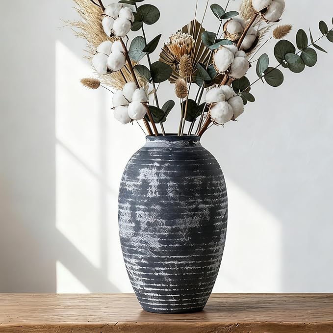 Farmhouse Rustic Ceramic Vase, 10.6 inch Gray-White Textured Modern Weathered Pottery Terracotta Vintage Vases for Home Decor Enterway Coffee Table Mantel Shelf Decorative (Tall - B)