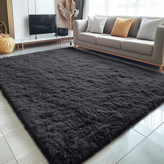 OLANLY 5x6 Area Rugs for Living Room Bedroom, Machine Washable Soft Fluffy Shaggy Bedside Rug, Indoor Floor Carpet for Kids Girls and Boys, Dorms, Nursery Rooms, Home Decor Aesthetic, Black
