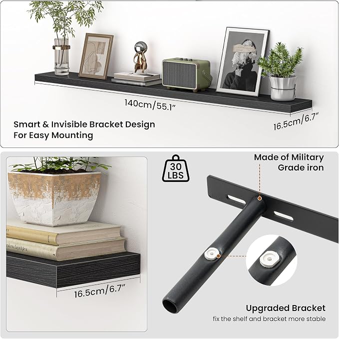 Heimlove 55 Inch Floating Shelves for Wall,Extra Long Mounted Storage wall Shelves with Invisible Metal Bracket for Bedroom Living Room Kitchen Office Set of 2,Black