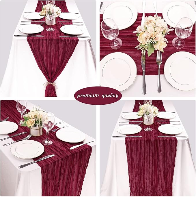 12 Pack Cheesecloth Table Runner 35x72 Inch Boho Gauze Table Runner Rustic Cheese Cloth Long Romantic Table Runners for Wedding Bridal Shower Birthday Party Table Decor (Burgundy)