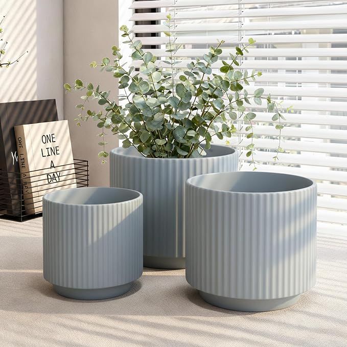 Oakrain Plant Pots with Vertical Stripes 7.8/6.5/5.2 inch, Set of 3 Modern Decorative Planters for Indoor Outdoor Plants, Flower Pot with Drainage Holes, Ceramic Blue