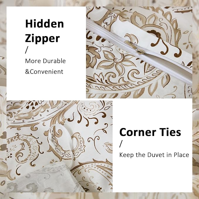 100% Cotton Duvet Cover Queen Size- 3 Pcs Grey Paisley Comforter Cover, Soft & Breathable Floral Bedding Duvet Cover Sets with Zipper Closure for All Season