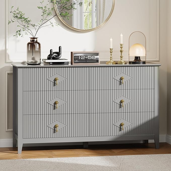 GarveeHome Fluted Dresser for Bedroom, 54 Inch Wide 6-Drawer Wood Dresser, Modern Chest of Drawers, Storage Organizer Cabinet for Living Room, Hallway, Entryway, Grey