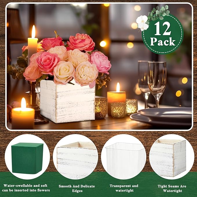 Dandat 12 Sets Wooden Cube Planter Boxes for Centerpiece 4 Inch Flower White Wood Rustic Square Vase with Removable Plastic Liner Floral Foam Block for Garden Wedding Christmas Home Arrangement Decor