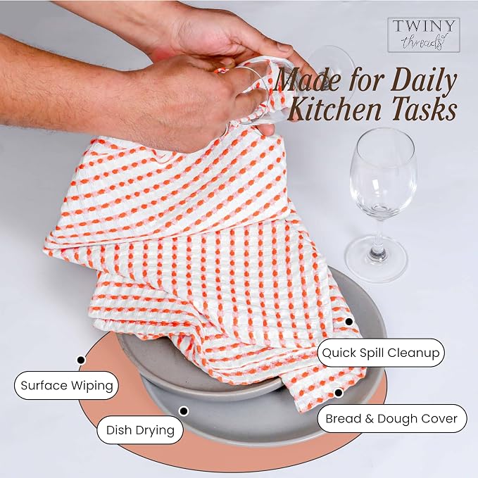 TWINY threads Waffle Dish Towels 4 Pack, 100% Cotton 16x26 Kitchen Hand Towel Pack, Highly Absorbent & Quick Dry Dishcloth Set for Drying Dishes, Cleaning Counters & Everyday Use, Orange, White