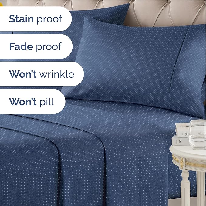 Navy Blue Polka Dots Bed Sheet Set – 1 Flat & 1 Fitted Sheet & 1 Pillowcase w/ Deep Pockets – Polka Dot Bedding - Ultra-Soft, Wrinkle & Fade Resistant - Comfy, Breathable & Cooling - Twin XL Size Set