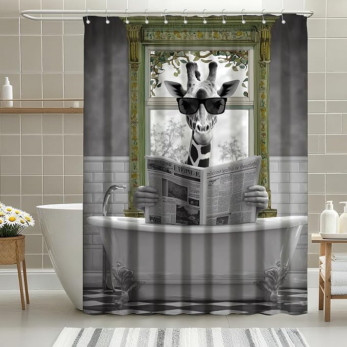 Rustic Shower Curtain Giraffe Reading Newspaper Shower Curtains for Bathroom Waterproof Fabric Bath Curtain Decor with Hooks