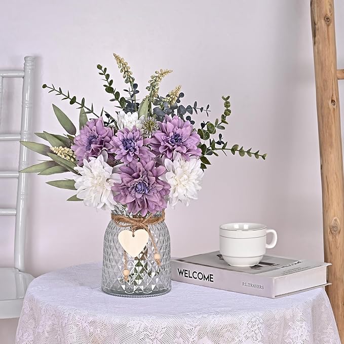 MARTINE MALL Fake Flowers in Vase, Faux Flowers in Vase, Dahlia Artificial Flowers in Vase Centerpiece Table Decorations Artificial Flower Arrangement for Home Dining Room Office Farmhouse