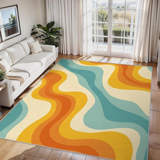 Retro Wavy Rugs for Home Decor, 5x8 ft, Abstract Waves Area Rugs for Living Room, Soft Non Slip Washable 70s Groovy Carpet Bedroom Decorations Dt-Ghf-69