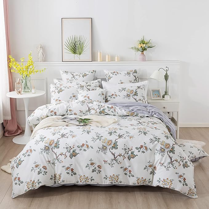 FADFAY Duvet Cover Set Elegant Floral Bedding Shabby Beige Bird Flower Quilt Cover Set Vintage Farmhouse Bedding 100% Cotton Comforter Cover Set with Zipper Closure 3Pcs, King/California King Size