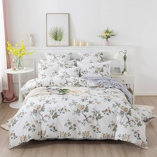 FADFAY Duvet Cover Set Elegant Floral Bedding Shabby Beige Bird Flower Quilt Cover Set Vintage Farmhouse Bedding 100% Cotton Comforter Cover Set with Zipper Closure 3Pcs, King/California King Size